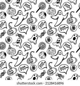 Seamless background with Halloween elements drawn in doodle style. Cute pumpkins, funny ghosts and candy. Monogamous Halloween background. 