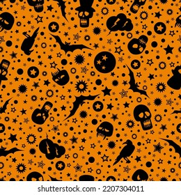 Seamless background with halloween elements on orange color background. Vector illustration.