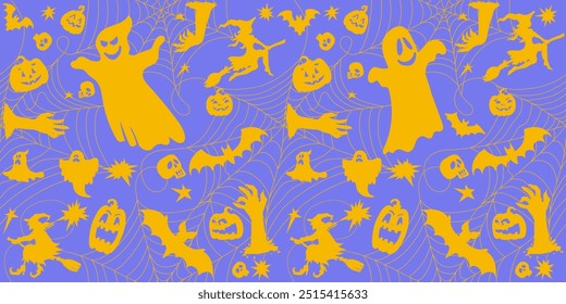 Seamless background Halloween with fancy elements spider web, candles, bats, witch hat, skull, hand. Template Halloween elements on orange background. Vector seamless background or banner.