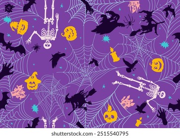 Seamless background Halloween with Fancy Elements Spider Web. Vector candles, bats, hand, skull. Seamless Halloween Elements on Purple Background. Template spooky, background or banner.