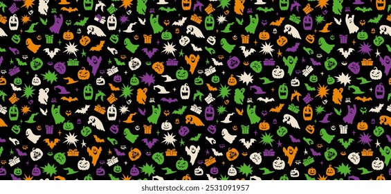 Nahtloser Hintergrund Halloween mit handgezeichneten Fledermäusen und Kürbis. Vektor nahtloses Muster Halloween. Vorlage für Textilgewebe Design, Website Tapeten, Textil, Tapete, Bekleidung, Umschlagpapier.