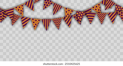 seamless background halloween holiday flags, vector illustration of streamers with triangular flags en purple and pumpkin color. isolated. design element for cards, greetings, header for the website