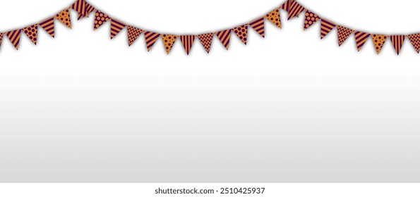 seamless background halloween holiday flags, vector illustration of streamers with triangular flags en purple and pumpkin color. isolated. design element for cards, greetings, header for the website