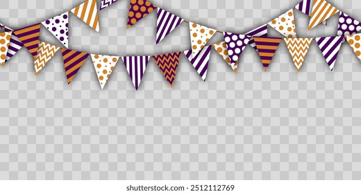 seamless background halloween holiday flags, vector illustration of streamers with triangular flags en purple and pumpkin color. isolated. design element for cards, greetings, header for the website