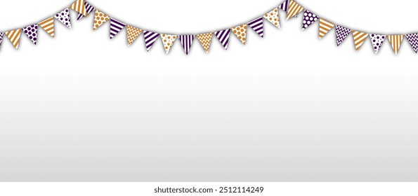 seamless background halloween holiday flags, vector illustration of streamers with triangular flags en purple and pumpkin color. isolated. design element for cards, greetings, header for the website