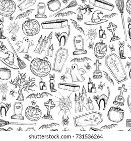 Seamless background of Halloween icons for decoration. Scary Halloween sketch illustration. Vector
