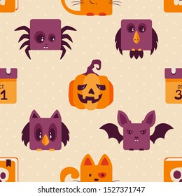 Seamless background with Halloween icons. Illustration with holiday elements can be used for backdrops, wrapper, holiday cards, children's holiday or clothing design, cards, invitations and banners.