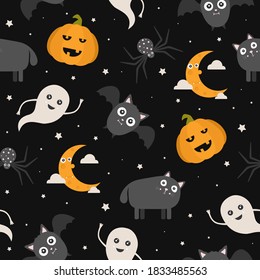 Seamless background with Halloween icons. Pattern with bat, cat, spider, ghost, pumpkin, moon can be used for backdrop, wrapper, holiday card, children's holiday or clothing design, invitation, banner