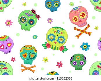 Seamless Background Halloween Illustration Featuring Colorful Sugar Skulls