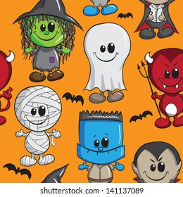 Seamless background - Halloween kids - Witch, Devil, Monster, Mummy, Dracula and Ghost