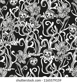 Seamless background for Halloween with perepletjonnymi plants and skulls.