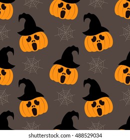 Seamless background for Halloween with pumpkins in hat and web. Vector illustration in modern flat design.