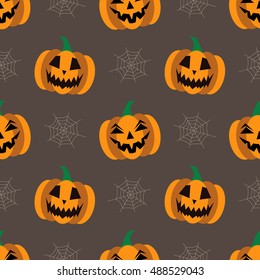Seamless background for Halloween with pumpkins and web. Vector illustration in modern flat design.