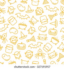 Seamless background with halloween signs and symbols like pumpkin, cat, spider, witch's hat and cauldron, ghost, skull