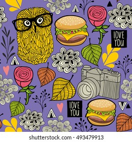 Seamless background with hamburger and hipster owl. Vector endless pattern.