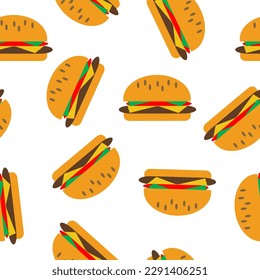 seamless background with hamburger pattern with tomato cheese beef and green vegetable cartoon repeat style, replete image design for fabric printing 