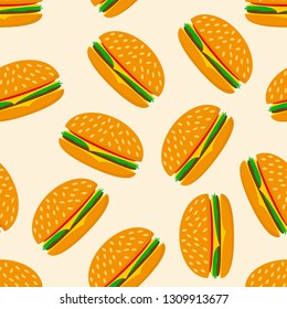 Seamless background with hamburgers. Vector illustration. Abstract colorful seamless pattern with tasty hamburgers