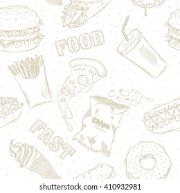 Seamless background. Hand drawing fast food. Vector illustration.