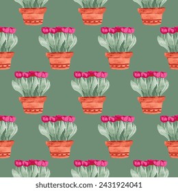 Seamless background. Hand drawing spring flowers. Watercolor drawing of tulips in a pot. Red flowers isolated on green