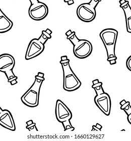 Seamless background.  Hand drawing. Vector illustration. Bottles of liquids. Flasks with a potion. Medicine and the occult. Black outline on a white background. Occultism and rituals. Coloring page