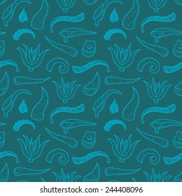 Seamless background with hand drawn aloe vera leaves.
