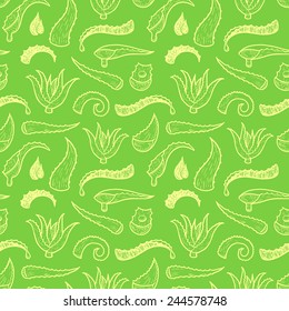 Seamless background with hand drawn aloe vera leaves.
