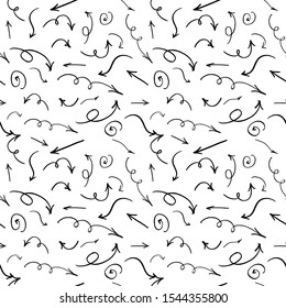 Seamless background of hand drawn arrows. Vector pattern, black doodle elements on white.