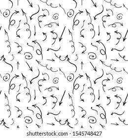 Seamless background of hand drawn arrows. Vector pattern, black doodle elements on white.