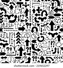 Seamless background of hand drawn arrows with question and exclamation marks.