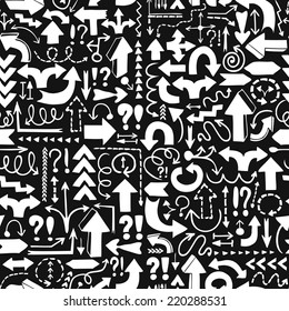 Seamless background of hand drawn arrows with question and exclamation marks on black background.