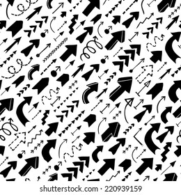 Seamless background of hand drawn arrows, diagonal up and right direction. Growth and  success concept. Vector illustration. 