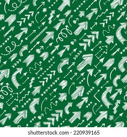 Seamless background of hand drawn arrows, diagonal up and right direction. Green chalk board background. Growth and  success concept. Vector illustration.