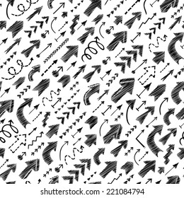 Seamless background of hand drawn arrows, diagonal up and right direction. 