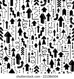 Seamless background of hand drawn arrows, from bottom up direction. Growth and  success concept. Moving upwards. Vector illustration.
