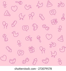 Seamless Background With Hand Drawn Baby Items: Toys And Various Related Objects.