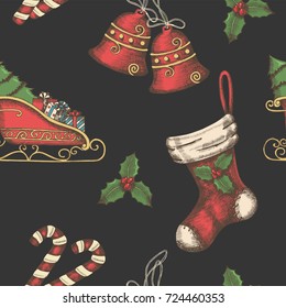 Seamless background with hand drawn bells, santa's sleigh, candy, holly and sock on black. New year. Christmas vintage pattern can be used for wallpaper, web page background, surface textures, textile