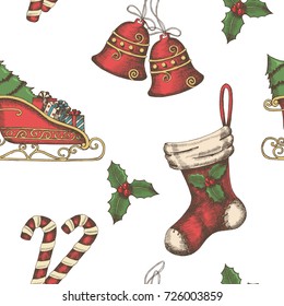 Seamless background with hand drawn bells, santa's sleigh, candy, holly and sock. New year. Christmas pattern can be used for wallpaper, web page background, surface textures, textile, package