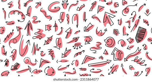 Seamless background of hand drawn black arrows. Curved and scattered doodle, arrow line direction indicator sketch in red circle. Round or twisted navigation symbol on a white background.