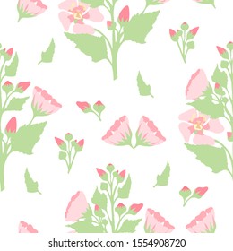Seamless Background with Hand Drawn Blossoming Althaea officinalis, its Flowers, Buds and Leaves Placed on the White Background. Seamless Pattern for Print on Fabrics, Paper, Web Usage etc.