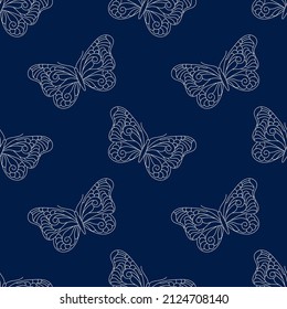 Seamless background with hand drawn Butterfly. Blue and white vector illustration