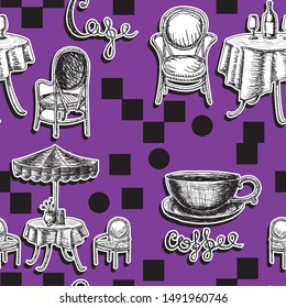 Seamless background hand drawn cafe chair table umbrella Cup coffee bottle. Vector image. eps 10