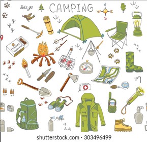 Seamless background of hand drawn camping equipment symbols and icons, hiking, mountain climbing and camping doodle elements, vector illustration, camp clothes, shoes, gear and camp associated things