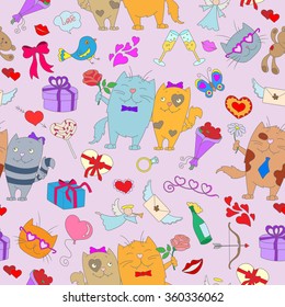 Seamless background with hand drawn cats and icons on the theme of Valentine's day on a pink substrate