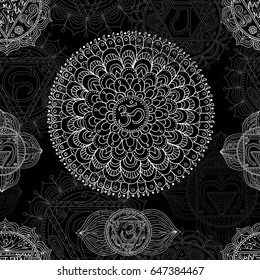 Seamless background with hand drawn chakras of human body on black. Vector graphic illustration, esoteric drawings