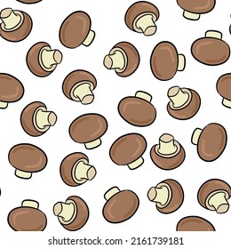 Seamless background with hand drawn champignons. Mushroom sketch isolated on white background. Pattern for menu, fabric, label, packaging, recipe. Organic vegetarian product.