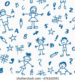 seamless background with hand drawn children and school related things