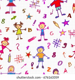 seamless background with hand drawn children and school related things
