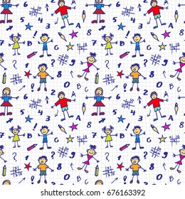 seamless background with hand drawn children and school related things