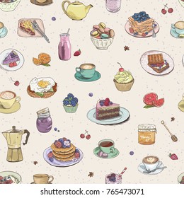 Seamless background Hand drawn coffee, tea, sweets pattern. Vector illustration delicious elements. Breakfast Food Drinks Cake