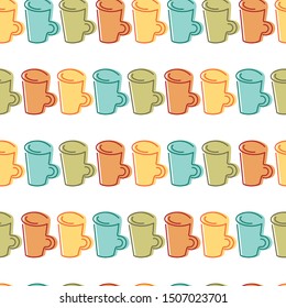 Seamless background with hand drawn colorful mugs . Suitable for tablecloth, cloth, fabric, wrapping paper, cafe, surfaces.
